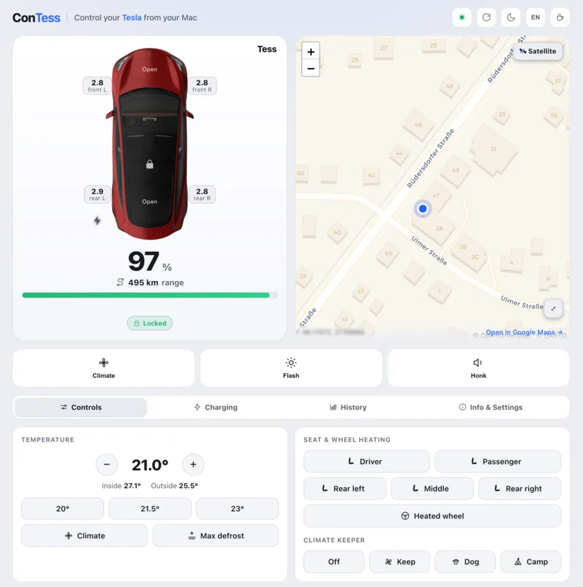 The ConTess dashboard on macOS, showing vehicle controls and the car's position on a map.
